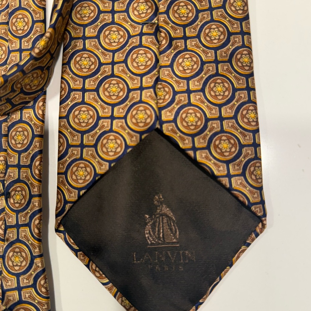 Lanvin Gold and Blue Silk Tie with Geometric Pattern